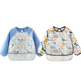 Happy Cherry - Toddler Bib Long Sleeve Waterproof Boys Girls for Food Painting Play Toddler 2 Pieces Sleeve Bibs Baby Craft Apron Painting Apron for School Nursery - 0-5 Years, Blue + dinosaur