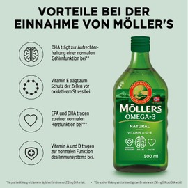 Möller's Omega 3 Cod Liver Oil, Omega 3 Dietary Supplement with EPA, DHA, Vit A, D and E, High Purity Natural Cod Liver Oil, 165 Year Old Brand, Superior Taste Award, Neutral Taste, 250 ml