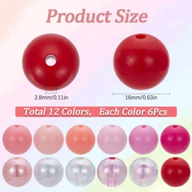 SUNNYCLUE 1 Box 12 Colors 72Pcs 16mm Acrylic Pink Beads Chunky Beads Large Transparent Bubblegum Ball Red Opaque Plastic Round Beads for Jewellery Making Crafts Bracelets Necklaces Supplies Women