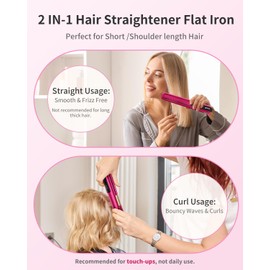 Hoson Cordless Hair Straightener,Portable Mini Flat Iron Travel for Bangs,Short Hair, Rechargeable Curling Iron and Curler 2 in 1,Hot Pink,for Touch Ups