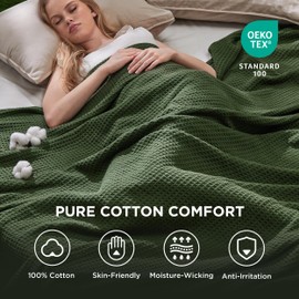 Bedsure 100% Cotton Blanket King Size for Bed - Cozy Soft Lightweight and Breathable, Basket Waffle Weave Blanket for Summer, Home Decor Gift for Women, Olive Green, 108x90 inches