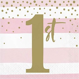 Creative Converting Stripe and Dots 1st Birthday Lunch Napkins, Pink/Gold, 6.5", 16 Ct.