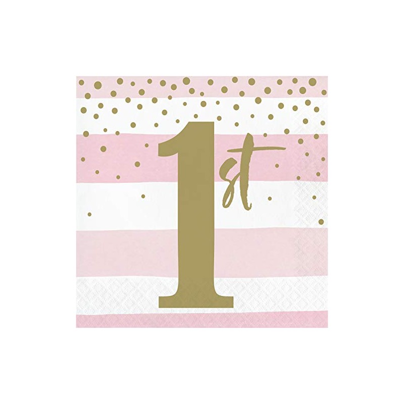 Creative Converting Stripe and Dots 1st Birthday Lunch Napkins, Pink/Gold,