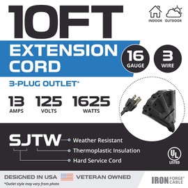 10 Ft Outdoor Extension Cord with 3 Electrical Power Outlets - 16/3 SJTW Durable Black Cable