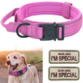 Adjustable Dog Collar with Control Handle, Tactical Collar Nylon, Dog Collar Padded, Metal Buckle, for Medium Large Dogs Hunting Training Outdoor, K9 Pink L