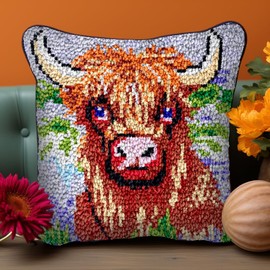 Animal Highland Cow Latch Hook Kits Pillow Printed Canvas Cushion Crochet Yarn Needlework Hook Latch Kit DIY Embroidery Pillowcase Rug Cover Home Sofa Christmas Decoration 43x43cm(7)