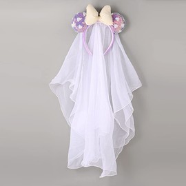 JIAHANG Mouse Ear Headband with Bridal Veil, Honeymoon Wedding Ears,Bachelorette Party Headpiece for Women Girls (purple heart)