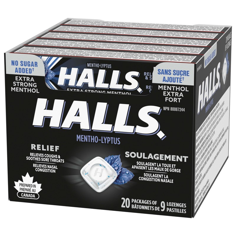 HALLS No Sugar Added Extra Strong, Cough Drops, Throat Lozenges,