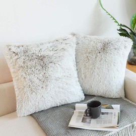 NordECO HOME Pack of 2 Fluffy Cushion Covers Faux Fur Cushions Decorative Fuzzy Square Pillow Case for Sofa Decor 45x45 cm Brown