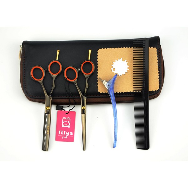 LILYS PET 5.5" Professional Barber Razor Edge Hair Cutting Shears set,Titanium Hairdressing Scissors and Hair Thinning Scissors/Shear Set+ Free Rexine Scissors Case (Black)