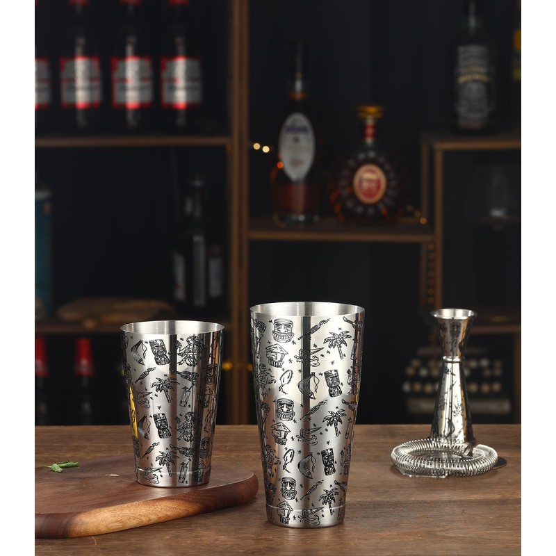 Weighted Boston Shaker Cocktail Shaker Etched with Tiki Imagery (Tiki