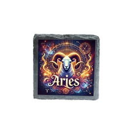 Aries Zodiac Sign Slate Coaster with Fiery Ram Design, Astrology Gift for Star Sign Lovers [slco-kf25-1275]