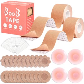 2 Rollos Cinta para Busto 5*5cm, 24 Piezas Cubre Pezone para Mujer (4 Nipple Cover de Silicona, 20 Pezoneras No Tejido), 36 Pegatinas Anti-escote Invisible, Ideal para Trajes sin Espalda y sin Tirante