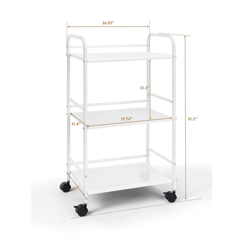 SunnyPoint Minimalist Style 3 Tier Utility Rolling Shelf Cart (WHT)