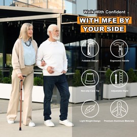 MFE Folding Cane, Portable 5-Level Adjustable Height Walking Stick with Foldable Design, Wrist Strap, and T Handle for Men and Women, Khaki