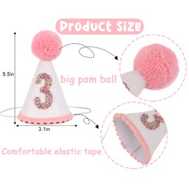 LINLULU - Sombrero de cumpleaños para niñas, sombrero de cumpleaños con purpurina con pompón rosa, decoración de cumpleaños para niñas, Sombrero de tercer cumpleaños, 5.7"*3.3"