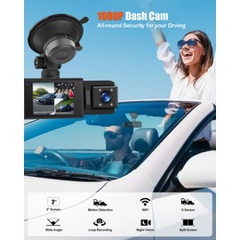 CAMECHO WiFi Dash Cam Front and Rear Inside, 3 Channel Dashcam for Cars, Dash Camera with Night Vision, G-Sensor, Loop Recording, 2” Display, Dirving Recorder, Dashboard Camera