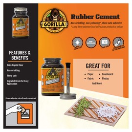 Gorilla Rubber Cement with Brush Applicator, Clear Glue, 4 Fluid Ounces (Pack of 2) - Easy to Use, Non-Wrinkling, Non-Yellowing