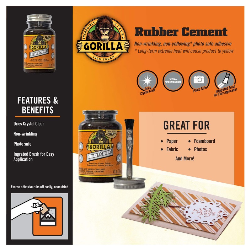 Gorilla Rubber Cement with Brush Applicator, Clear Glue, 4 Fluid