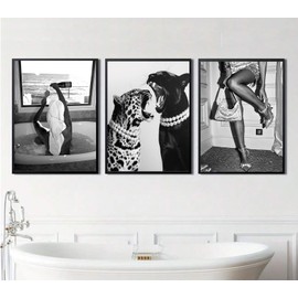 3pcs Bathroom Fashion Leopard Print Black and White Posters Decorative Paintings, Trendy Women Canvas Prints, Vintage Feminism Wall Decor Pictures for Bedroom Living Room Hallway 16×24 Inch Unframed