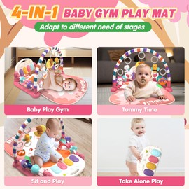 Baby Play Mat Baby Gym,Funny Play Piano Tummy Time Baby Activity Mat with 7 Infant Sensory Baby Toys, Music and Lights Boy & Girl Gifts for Newborn Baby 0-3-6-9-12 Months (Pink)