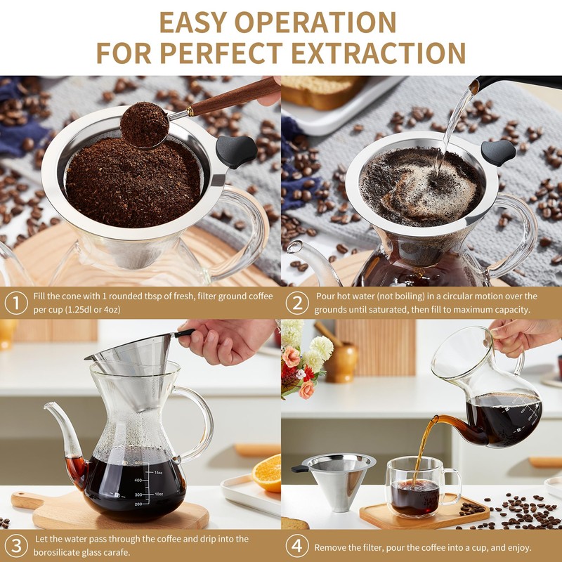 MESNEY Stainless Steel Coffee Filter, Reusable Pour-Over Coffee Dripper with