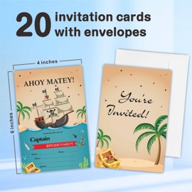 Nuckxy Pirate Birthday Invitation, 20 Invitations & Envelopes, 4 x 6 Inch, Cartoon Pirate, Little Captain, Multicolor, Plain, Birthday Card, Party Invitation Card