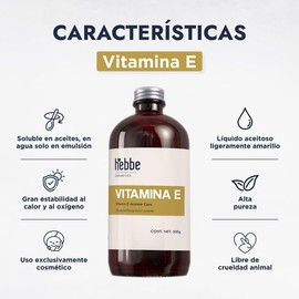 Hebbe - Vitamina E Líquida 100% Pura, Antioxidante y Nutritiva para Piel y Cabello, 500 g