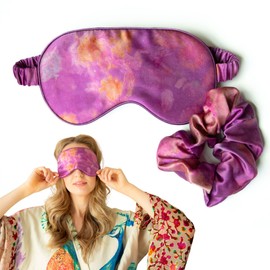 Silk & Willow 100% Pure Mulberry Silk Sleep Eye Mask & Hair Scrunchie Gift Set (Hot Peony)