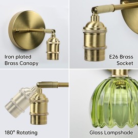 GEEZO Vintage Wall Sconces, Rechargeable Wall Lights with Remote Control Flower Glass Lampshade,180° Adjustable Brass Sconces with 15 Colors for Beside Bedroom Living Room Doorway (Set of 2)