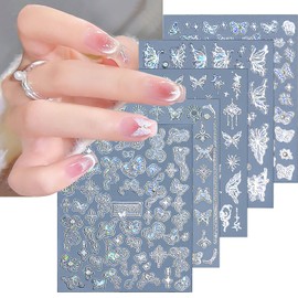 CHANGAR Butterfly Nail Stickers Aurora Rhinestone Butterfly Sticker for Nail， Nail Art Decals Ribbon Fairy Butterfly Stickers Nail Art Decorations for Women Manicure Accessories（5 Sheets）