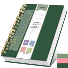 XLOXFU Notebook A5 Journals for Women Men, 300 Pages, College Ruled Spiral Note book, 100 GSM, with Bookmark Ruler,Inner Pocket,Thick 80S PVC for School Travel Office 14.5 x 21cm,Dark Green