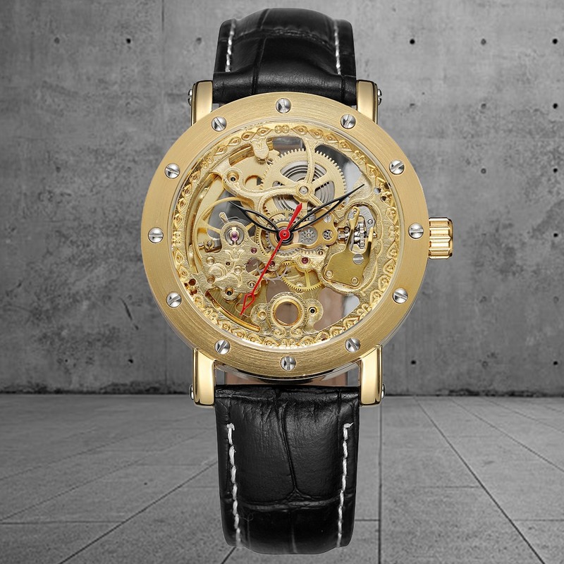 FORSINING Hollow Mechanical Waterproof PU Leather Watch(Gold Movement Gold Case