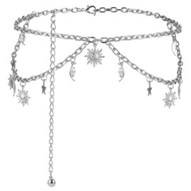 GEEHUA Double Layer Metal Chain Belt, Moon Star Waist Chain Fashion Link Belt Skinny Dress Waist Chain Belt For Women(Silver)