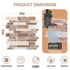 Crystiles Vinyl Peel and Stick Subway Tile, 3D Adhesive Tiles for Kitchen Backsplash and Bathroom Back Splash (10 Sheets, 12""x12""), Brown