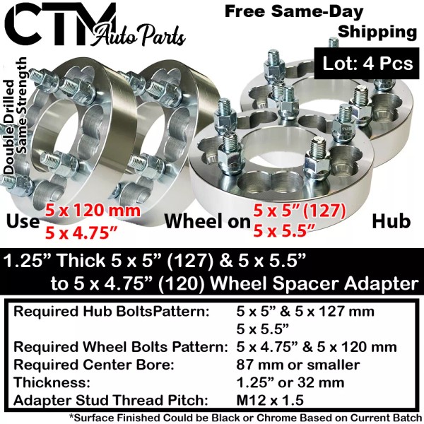 CTM 4P 1.25" THICK 5x5(127) & 5x5.5 TO 5x4.75(120) WHEEL