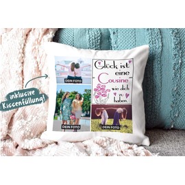 Cushion Including Cushion Filling with Photo Collage to Design Yourself with Three Photos and Saying - Glück ist, eine Cousine wie Dich zu haben, Fluffy White Cushion 40 x 40 cm