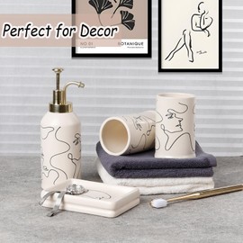 Santentre 4 Piece Ceramic Bathroom Accessory Set, Artistic Line Face Bathroom Sets Accessories with Soap Dispenser, Toothbrush Holder, Tumbler, Soap Dish, Abstract Bathroom Set for Decor, Off White