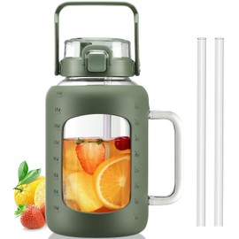 BLUEGO 64oz Glass Tumbler with Handles and Straw Wide-neck Half Gallon Water Bottle with Silicone Sleeve and Volume Marker 2L Large Motivational Sports Water Jug BPA Free, Oliver