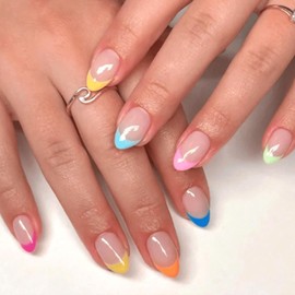 Almond Press on Nails Short Color French Tip Fake Nails Nude Full Cover False Nails Press ons Glossy Glue on Nails with Spring Design Acrylic Nails Cute Artificial Stick on Nails for Women 30Pcs