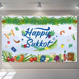 Newwiee Happy Sukkot Backdrop Banner Sign 71 x 43 Inch Sukkot Party Decoration Sukkah Etrog Lulav Jewish Tapestry Holiday Celebration Photo Props Background Wall Posters for Birthday Party Supplies