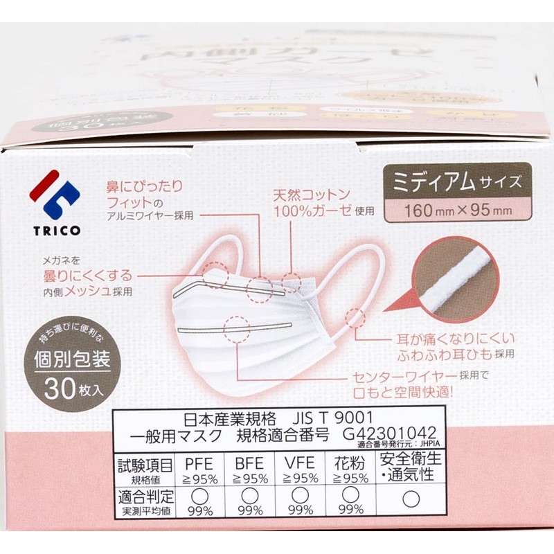 TRICO Smooth Cotton Inner Gauze Mask, Medium Size, 30 Pieces