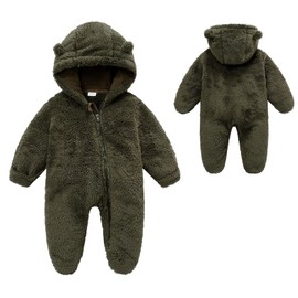 YMYDYFC Baby Fleece Hooded Romper Winter Outwear Jumpsuit Snowsuit Bear Ear Outfits for Boys Girls A-Army Green 3-6 Months（66CM）