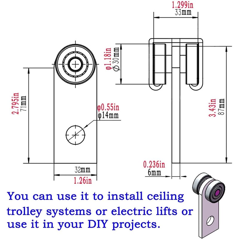 2 Wheel Trolley Assembly Rollers Two Bearing Trolley Assembly for