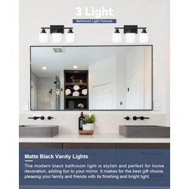 Sailstar 3-Light Bathroom Vanity Light, Anti-Rust Matte Black Bathroom Light Fixtures Over Mirror, Modern Bathroom Lights Wall Mount with Milky White Glass Shades, E26 Base Vanity Lighting