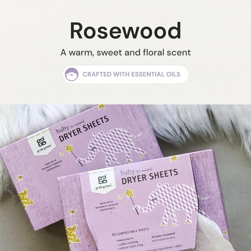 Grab Green Baby Laundry Dryer Sheets, 160 Sheets, Dreamy Rosewood