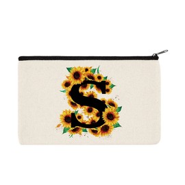 WIRESTER Canvas Zipper Makeup Bag, Cosmetic Pouch, Organizer Case for Women Girl, Multi-Purpose Travel Cosmetic Bag - Black Letter S Alphabet Sunflowers