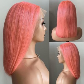 Bob Wig Human Hair 13x4 Frontal Lace Wig, Pink 180% Density Short Bob Lace Front Wigs for Black Women Human Hair Pre Plucked, 14 Inch
