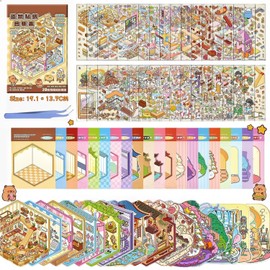 3D Miniature Scene Sticker Brown,DIY House Scene 20 Sets Fun Stickers with Tweezers Make Your Own Warm Home Cartoon Collection Book for Kids Adults Girls Relief Stress,Party Favors Birthday Gift