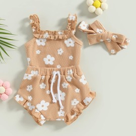 ZZUYFI Newborn Infant Baby Girl Summer Clothes Outfits Set Floral Print Romper Tops Drawstring Short Headband Clothes Set (Brown, 12-18 Months)